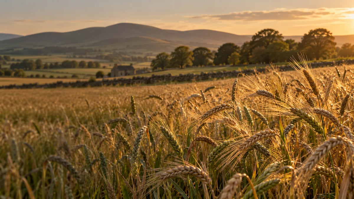 A field of ripening rye and barley in low evening sun, with a dry stone dyke and rounded hills beyond.