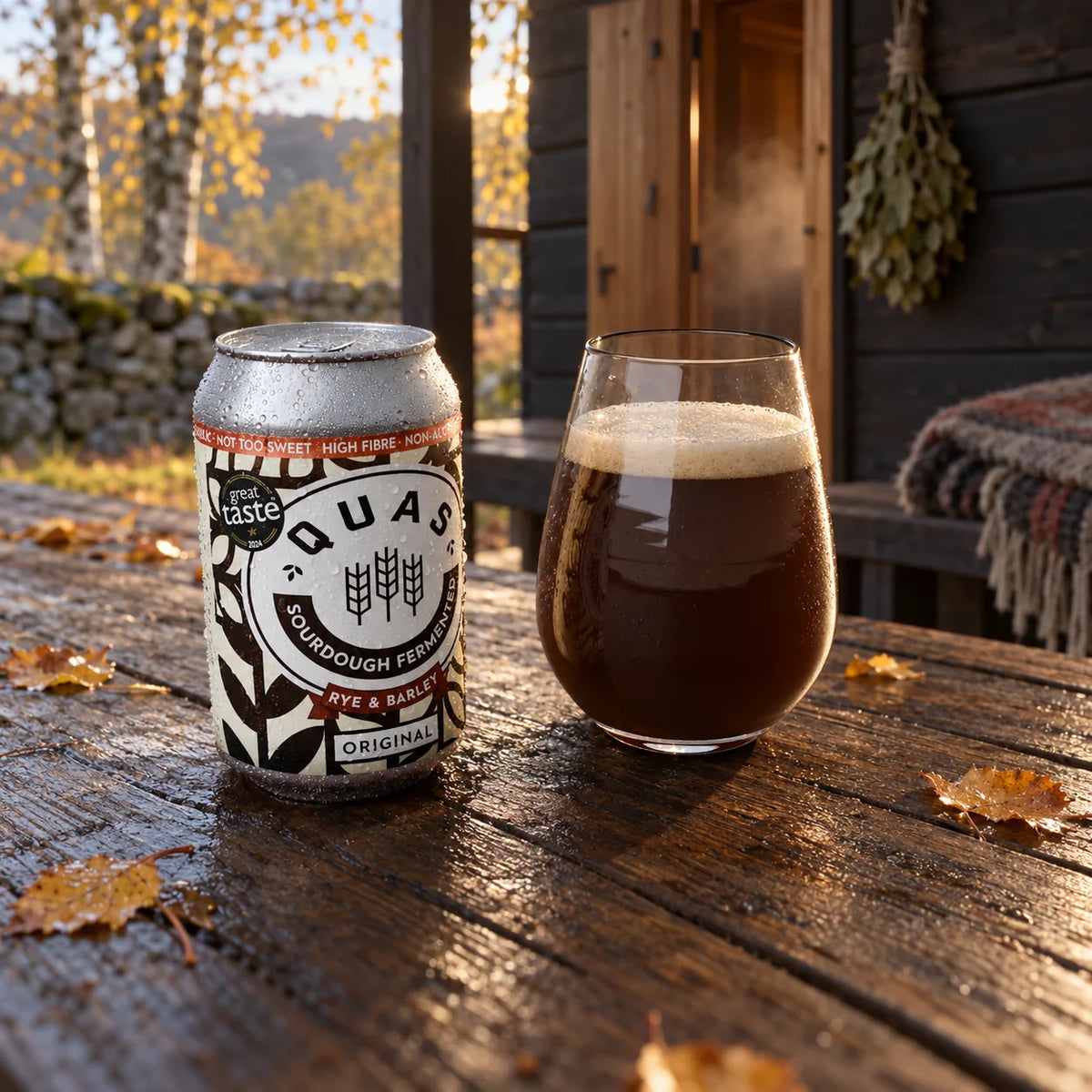 A chilled can of Quas Original beside a stemless glass of cloudy kvass on a wooden table outside a timber sauna