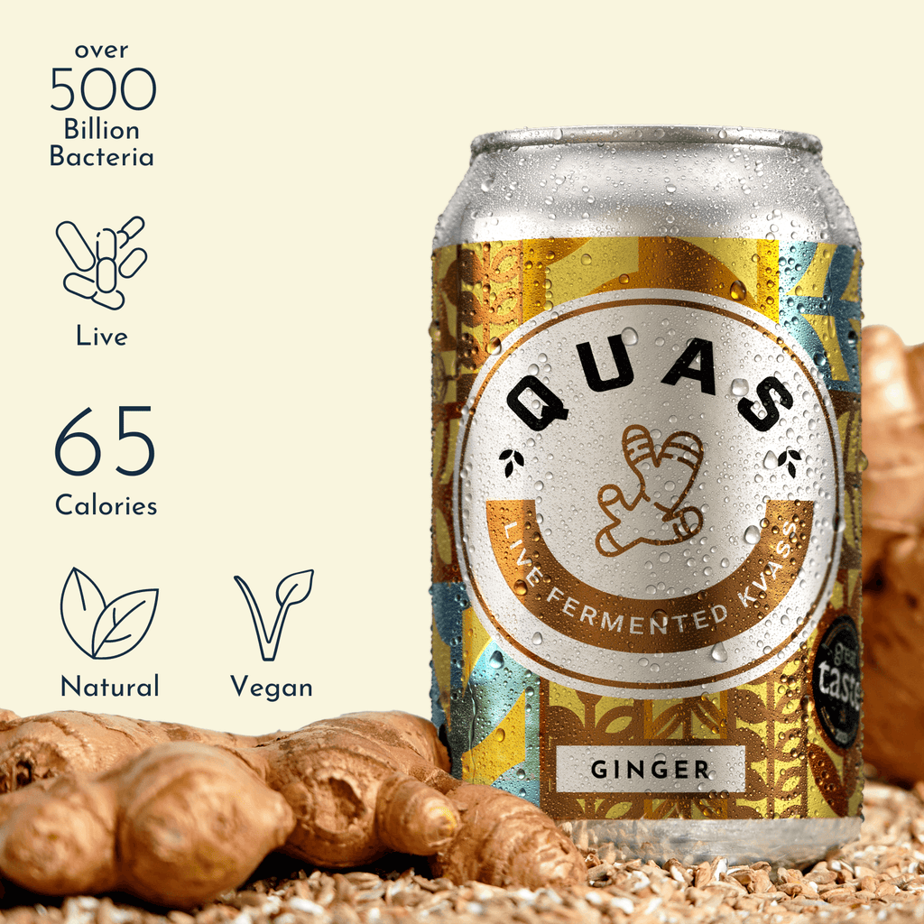 a can of low calorie ginger kvass ale with live bacteria made from all natural ingredients