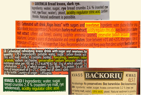 content labels of kvass type drinks