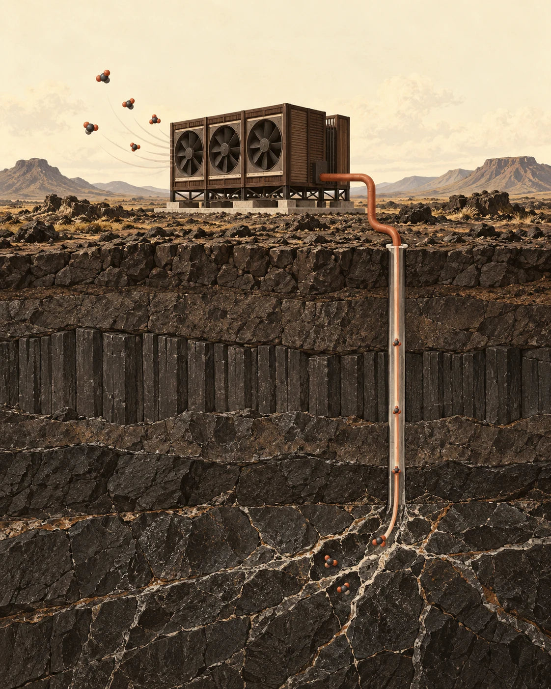 Illustration of an air-capture collector connected to a storage well in basalt rock