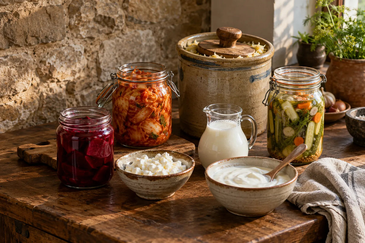 Jars and bowls of sauerkraut, kimchi, kefir, yoghurt, cottage cheese and pickled vegetables on a wooden counter.