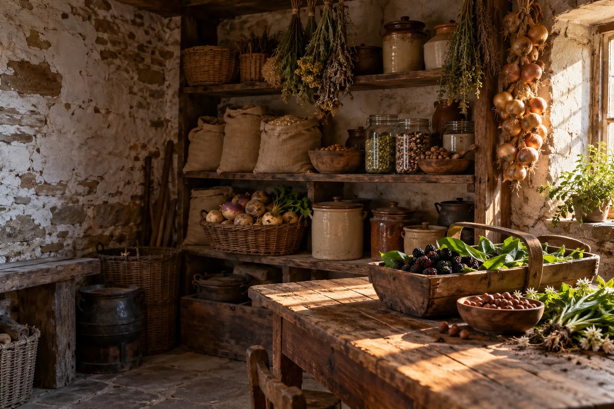 A stone larder stocked with sacks of oats and barley, strings of onions, root vegetables, jars of dried beans and a trug of brambles.
