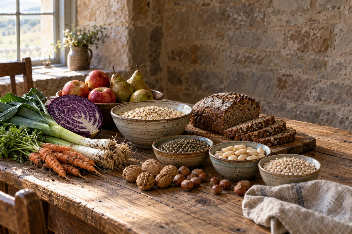 A kitchen table of fibre rich foods: rye bread, oats, lentils, beans, leeks, carrots, red cabbage, apples, pears and nuts.