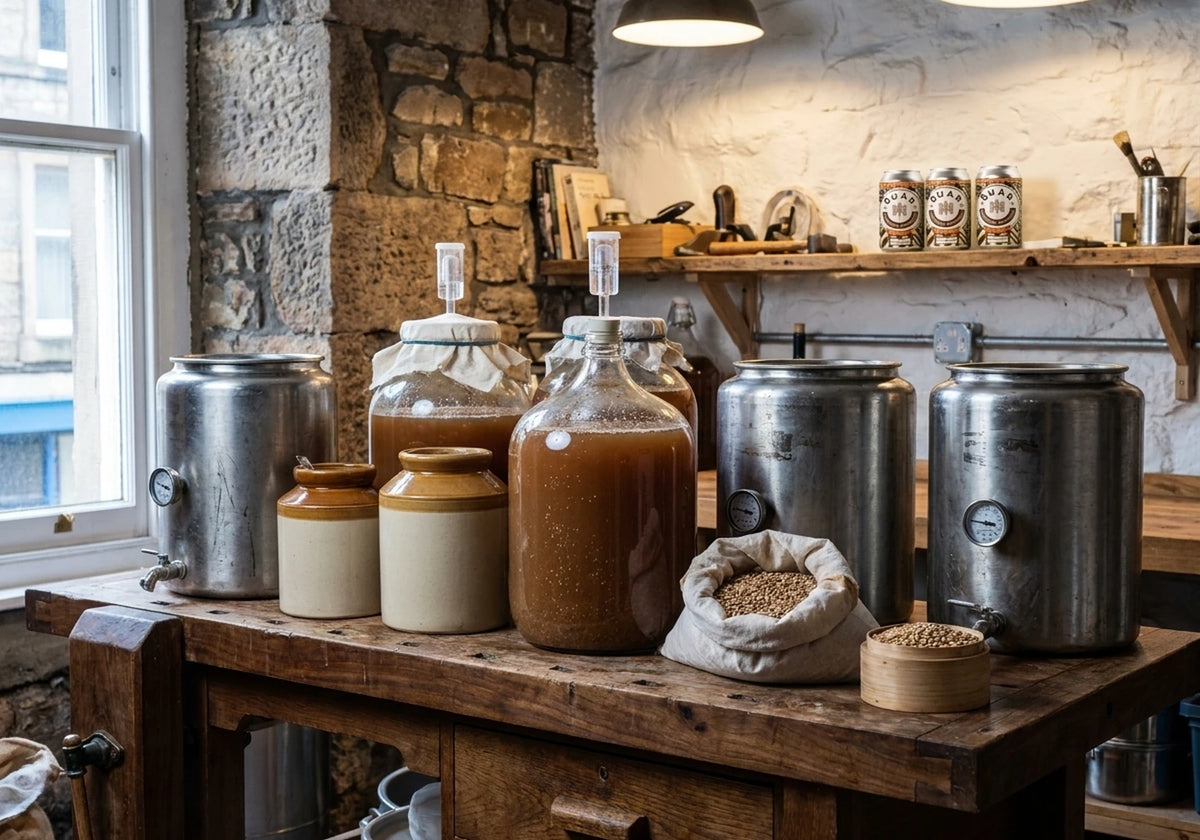 Fermentation vessels, stoneware jars and a sack of grain on a workshop bench