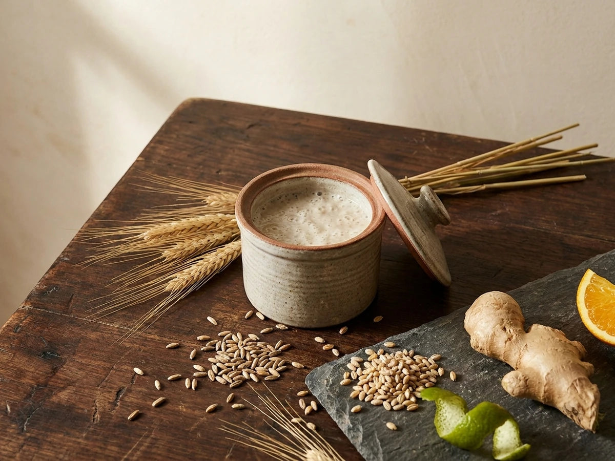 A sourdough culture in a stoneware pot beside rye, barley and fresh ginger