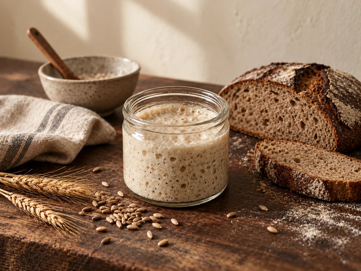 Bubbly sourdough starter in a clear glass jar on a wooden workbench beside dark sourdough bread and grain