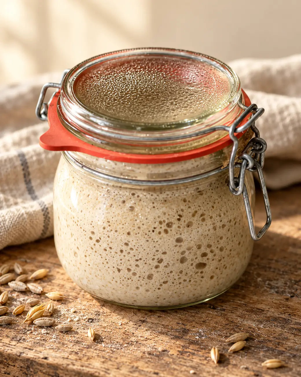 A clip-top glass jar of bubbling sourdough starter on an oak board, beside scattered barley grains