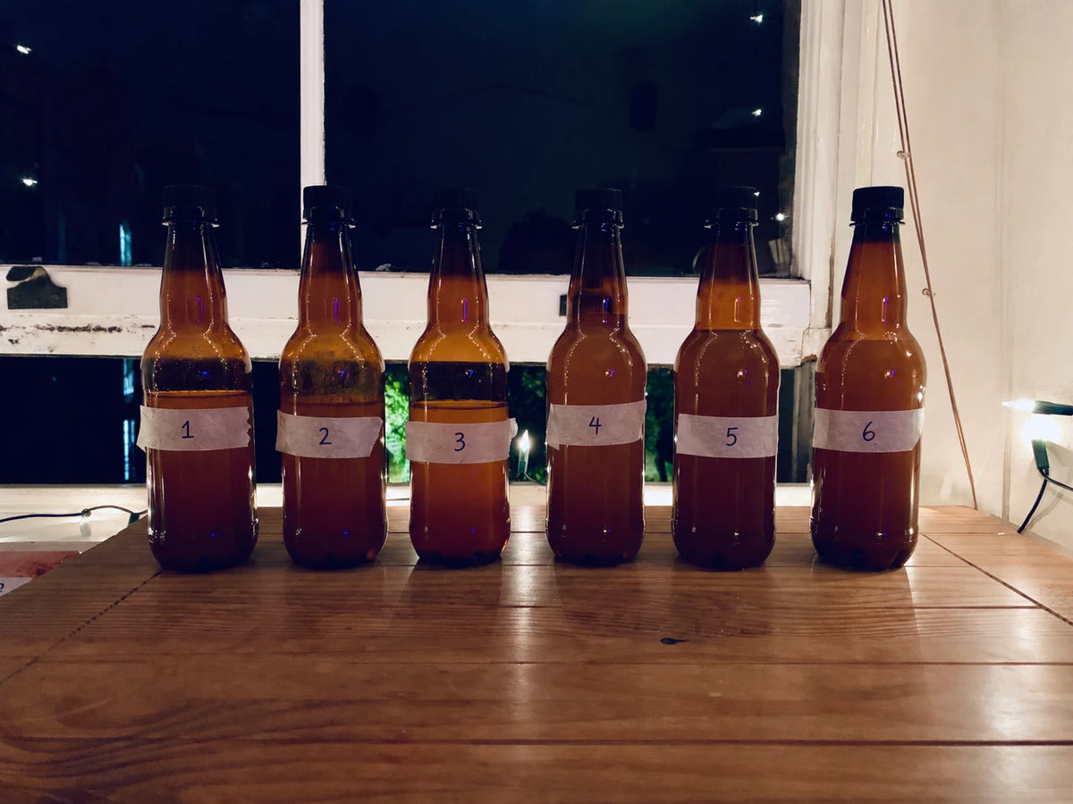 Six brown bottles with handwritten numbers from Anton’s early experiments, lined up on a wooden surface in his student room at night