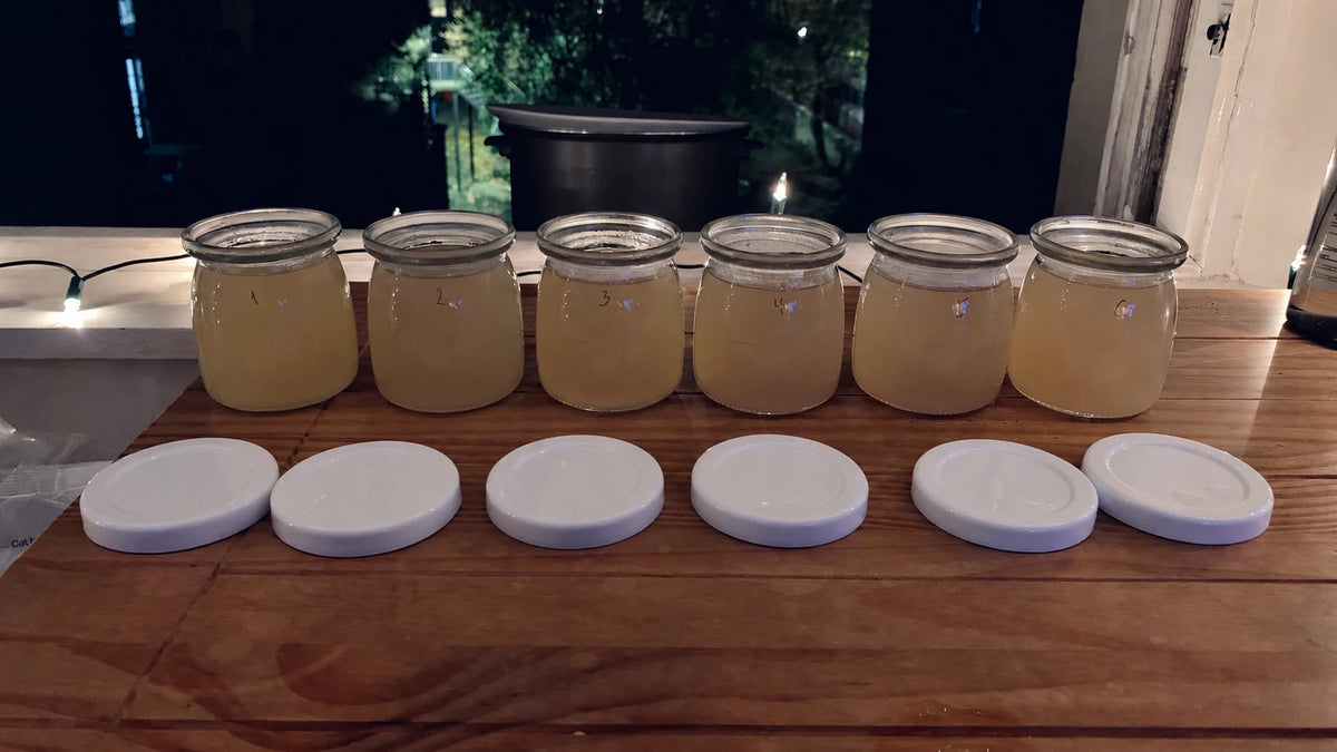 Six numbered jars from Anton’s early recipe experiments, lined up with their lids in his student room at night